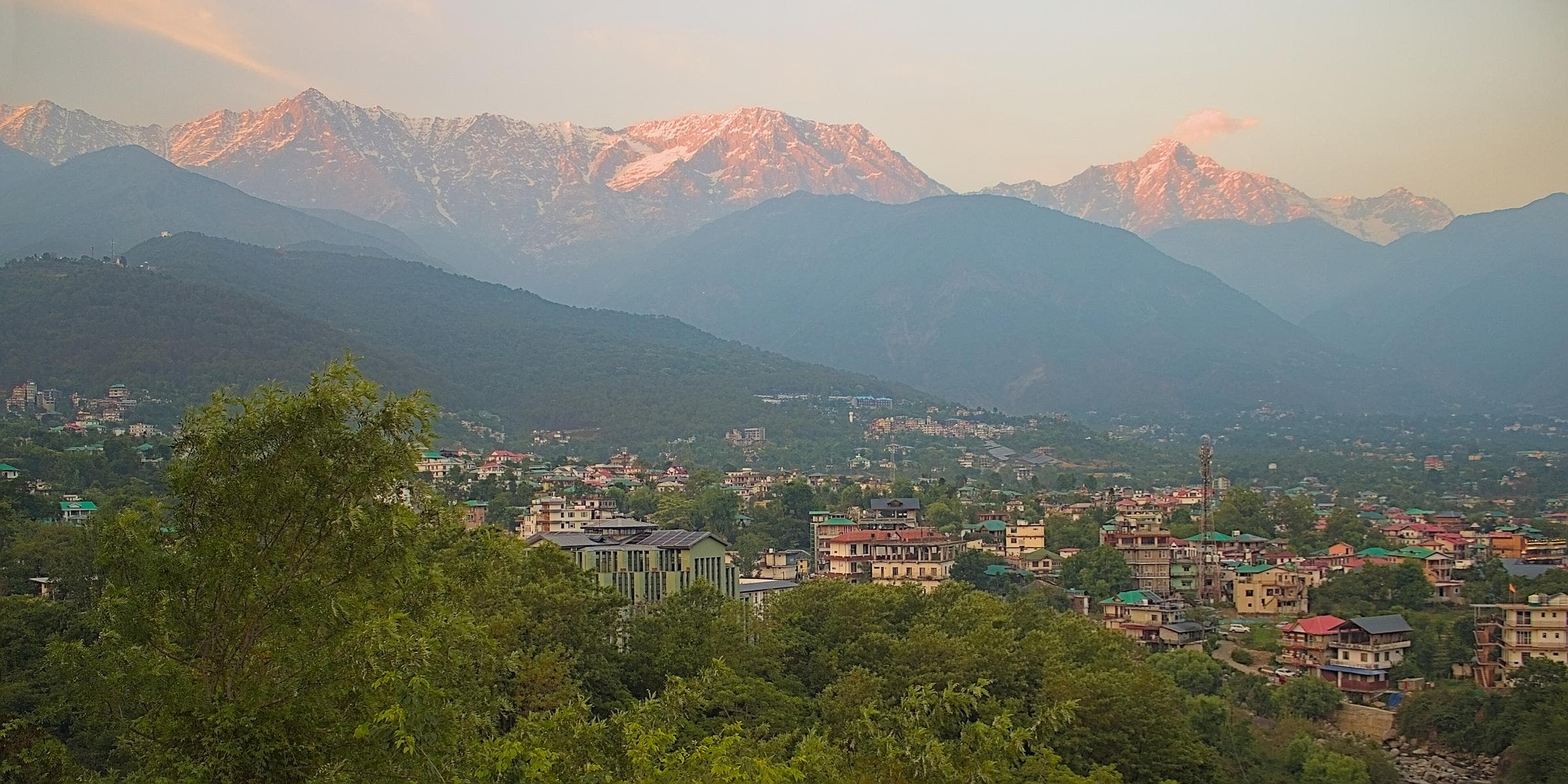 The snow-capped Dhauladhar range glowing at sunset above the town of Dharamshala.
