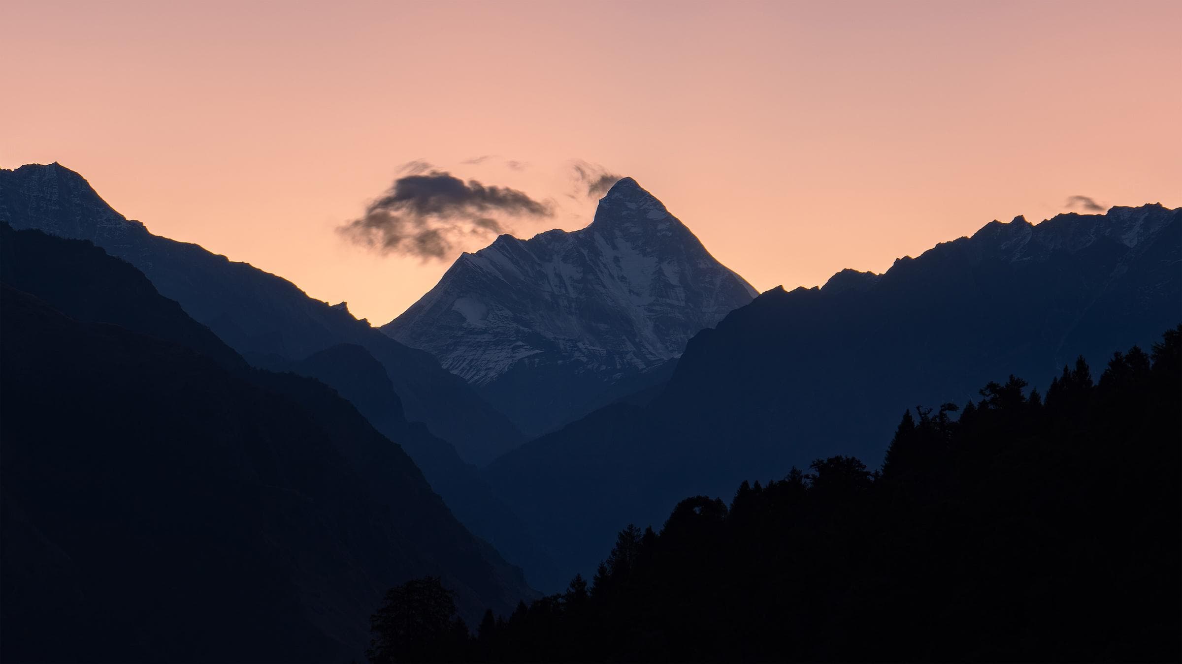 The peak of Nanda Devi against a pink dawn sky, above dark forested ridges.