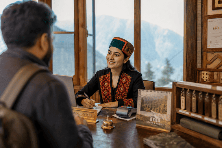 SutraStack hotel PMS at a boutique mountain property reception in India.